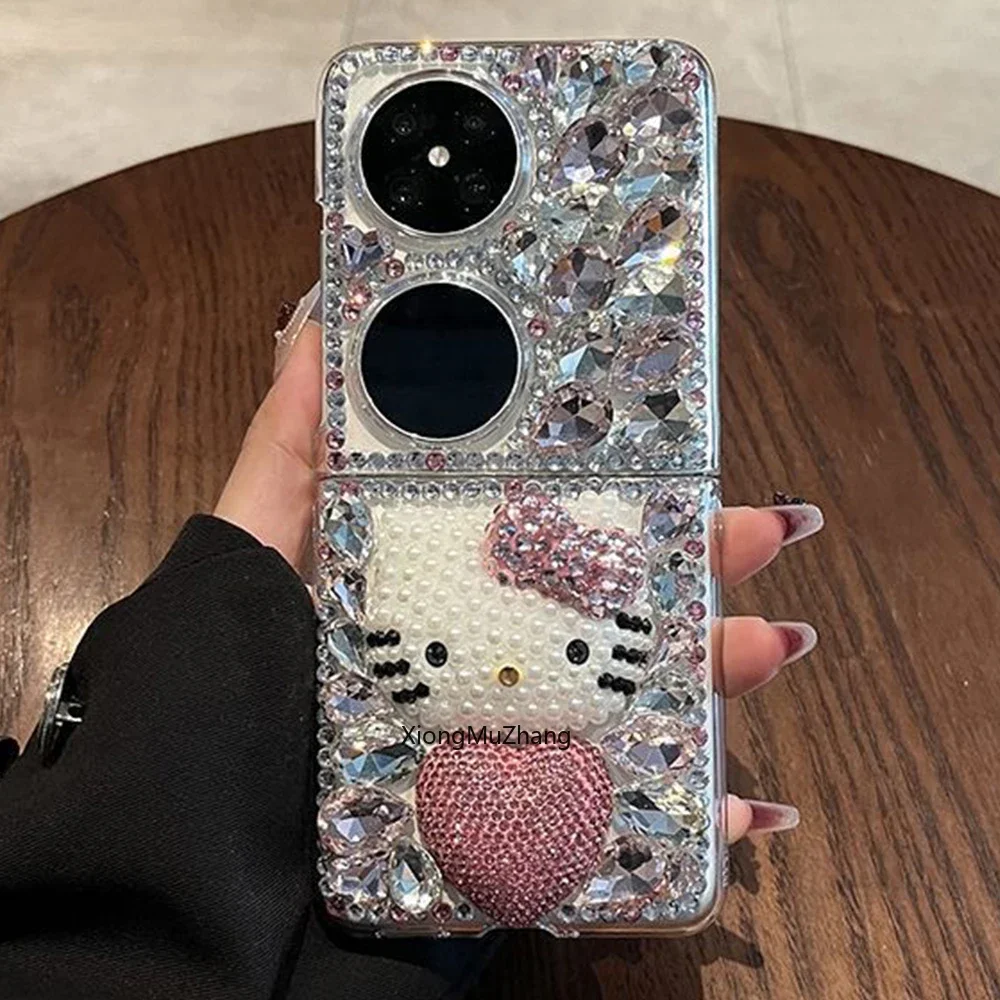 

For Huawei P50 Pocket Kawaii Cute 3D Sanrio Hello Kitty Rhinistones Diamond Transparent Phone Case for Huawei Pocket 2 Pocket S
