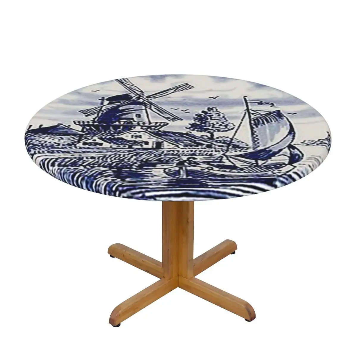 Dutch Blue Delft Vintage Windmill Print Waterproof Round Tablecloth Oilproof Table Cloth for Kitchen Events Dining Table Cover