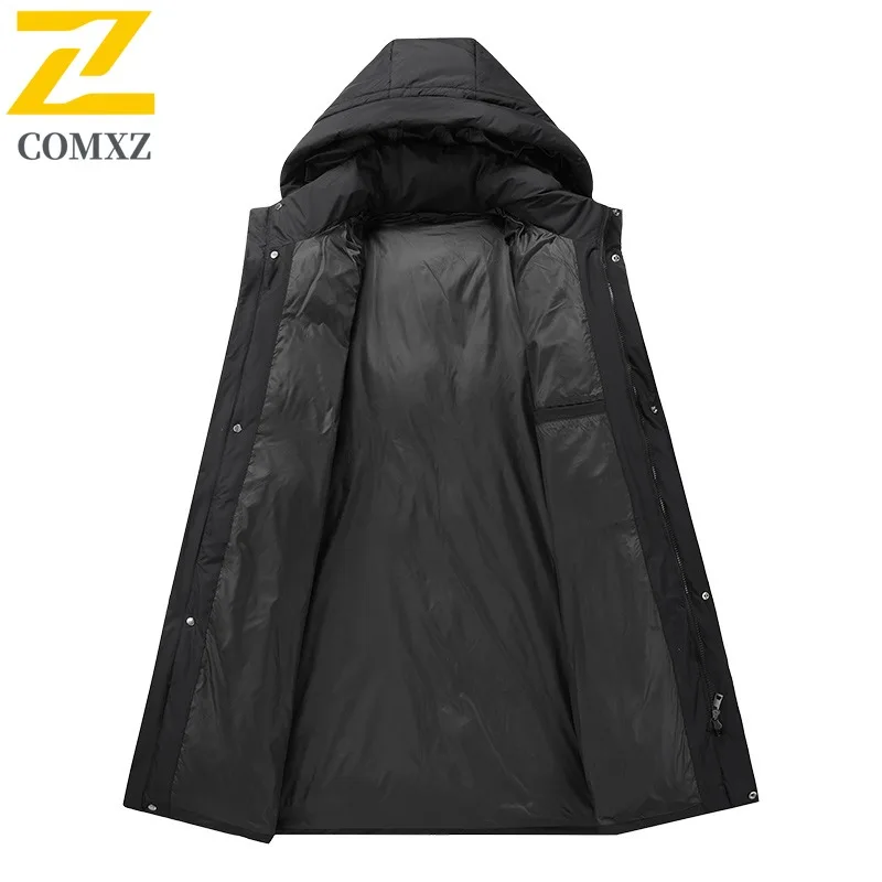 COMXZ Mens Long Down Jacket New Fashion Stand Collar Business Casual Warm Puffer Coat Luxury Ultra Light Windproof Winter Coat