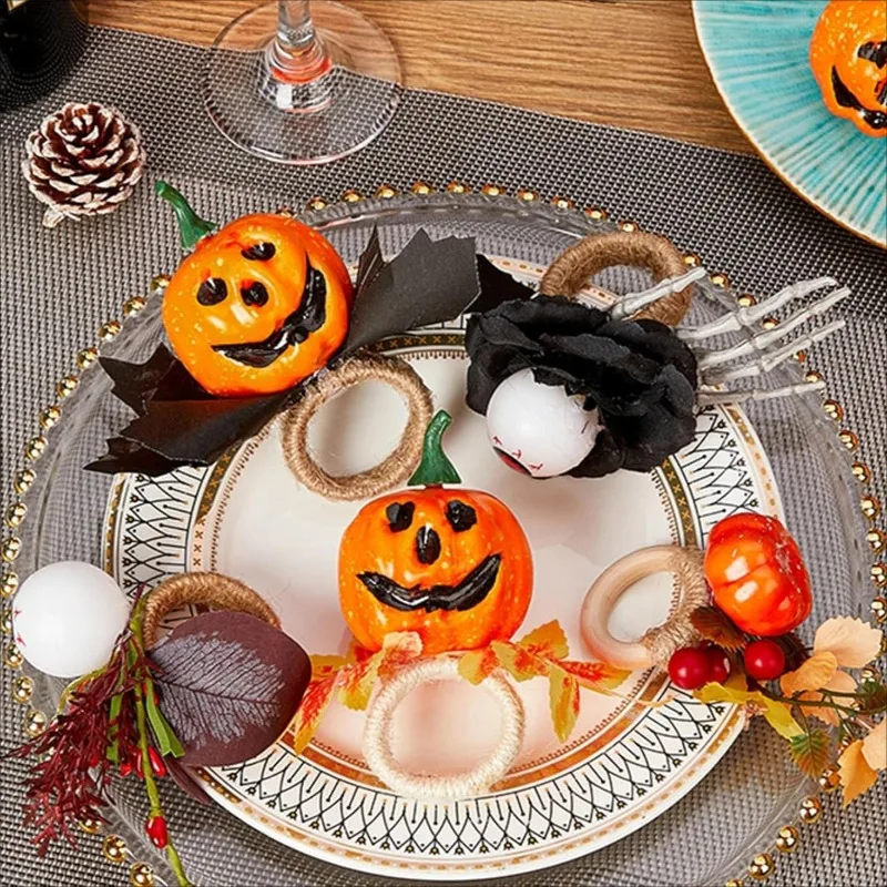 6PCS Halloween Pumpkin Napkin Rings Eyeball Table Setting Scary Party Horror Style Dining Accessories for Party Decor