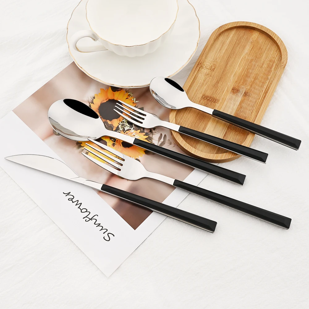 24/30Pcs White Silver Dinnerware Set Imitation Wooden Handle Cutlery Set Knife Fork Tea Spoon Tableware Stainless Steel Flatware