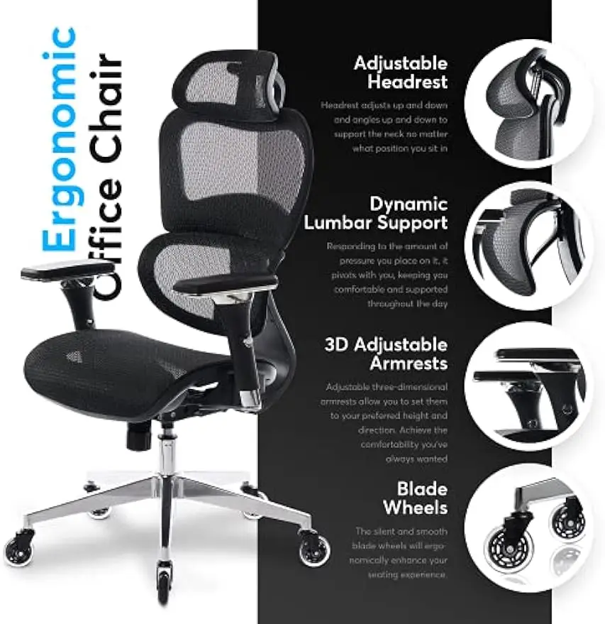 Oline ErgoPro Ergonomic Office Chair, Rolling Desk Chair with 4D Adjustable Armrest, 3D Lumbar Support, Blade Wheels