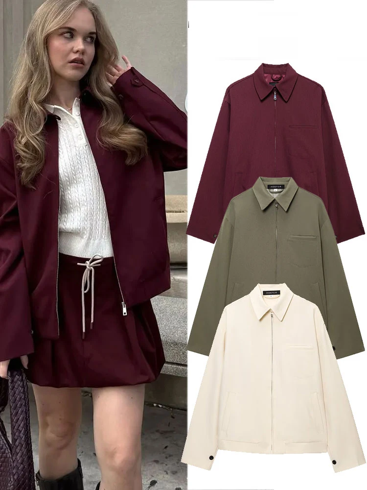 

HH женская осенняя модная бордовая короткая куртка в стиле ретро с лацканами и длинными рукавами, карманами на молнии, женская повседневная уличная одежда