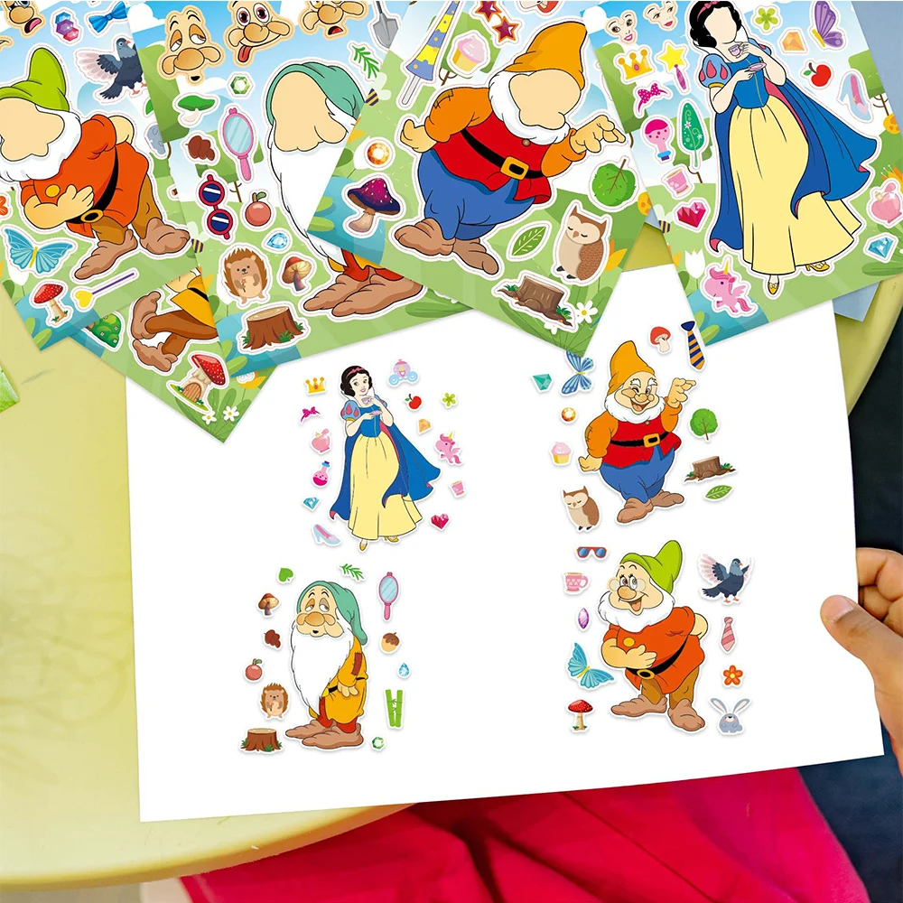 8/16Sheets Disney Snow White Puzzle Stickers Games DIY Make a Face Children Assemble Jigsaw Kids Education Toy Craft Sticker