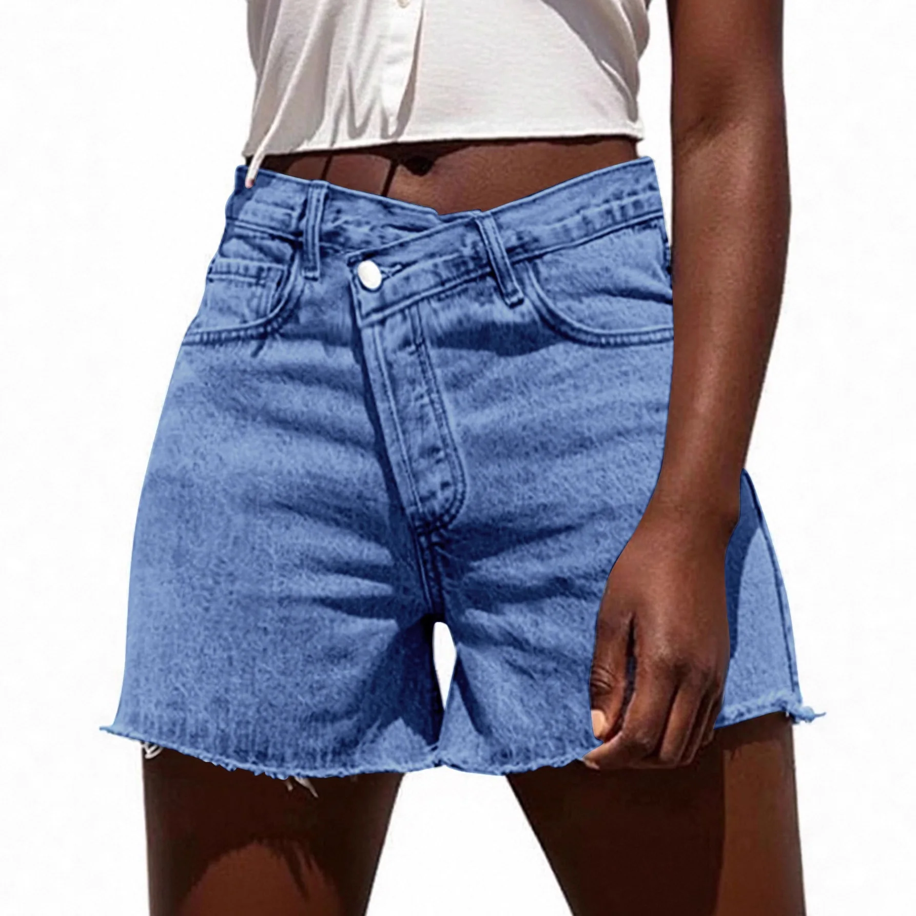 

Джинсовые шорты с косой талией и грубыми краями в европейском и американском дизайне, узкие широкие брюки