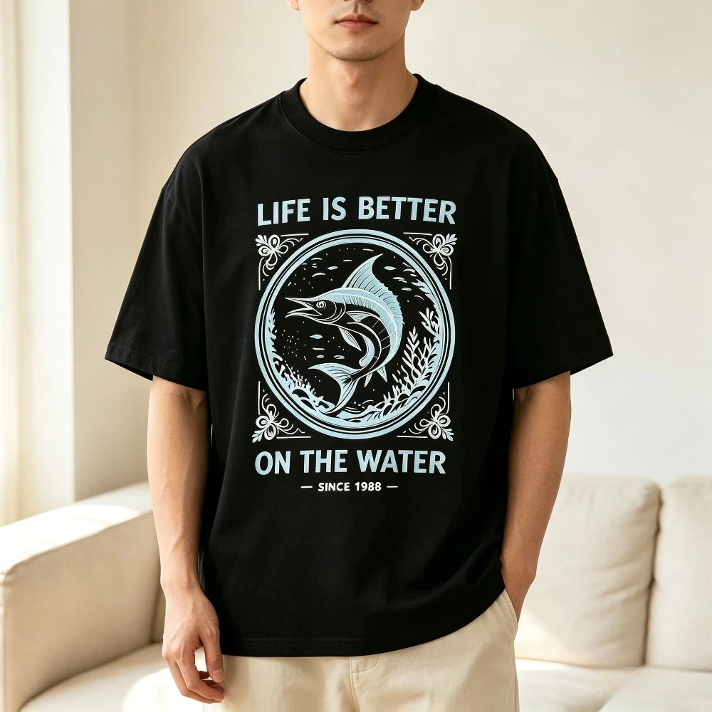 Mens Summer American High Street Retro Marlin Fish Print T Shirt Outdoor Fishing Streetwear Loose Fit Round Neck Casual Tops