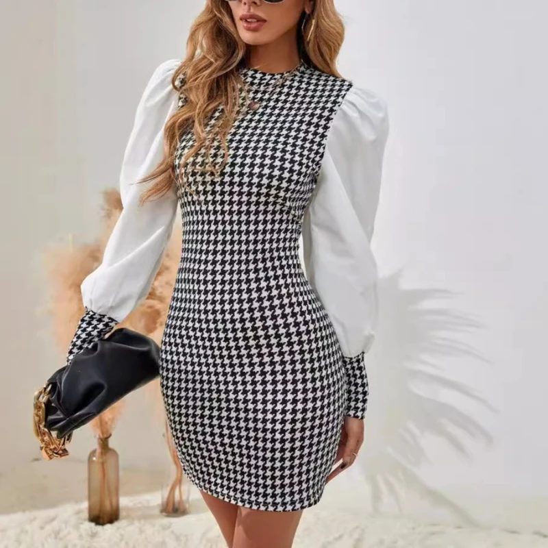 

Spring And Autumn Women's Round Neck Thousand Bird Lattice Splicing Lantern Sleeve Long Sleeve Hip Dress