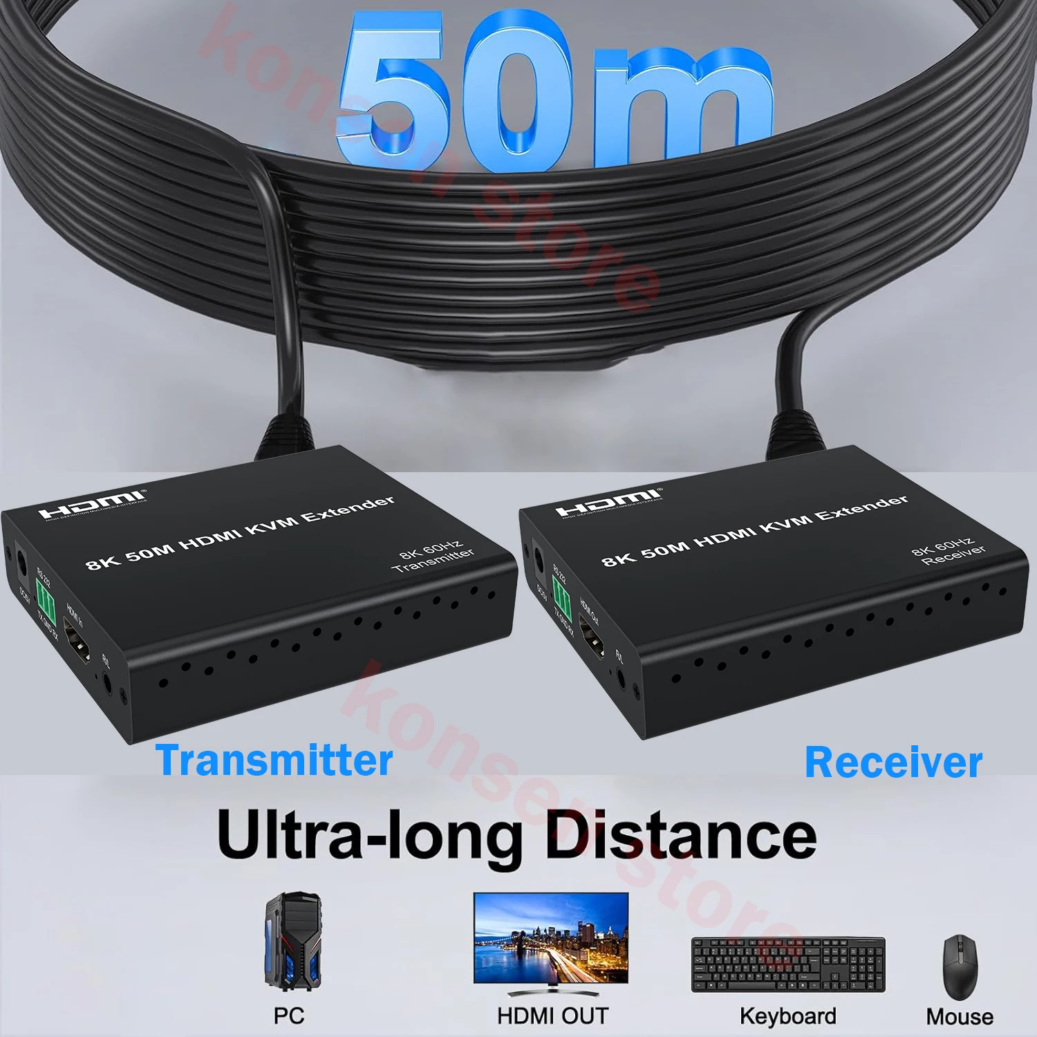 8K KVM HDMI Extender over CAT6A 8K@60Hz 4:2:0 HDMI KVM Extender 4K@120Hz with Audio output Support USB Mouse Keyboard for PC TV