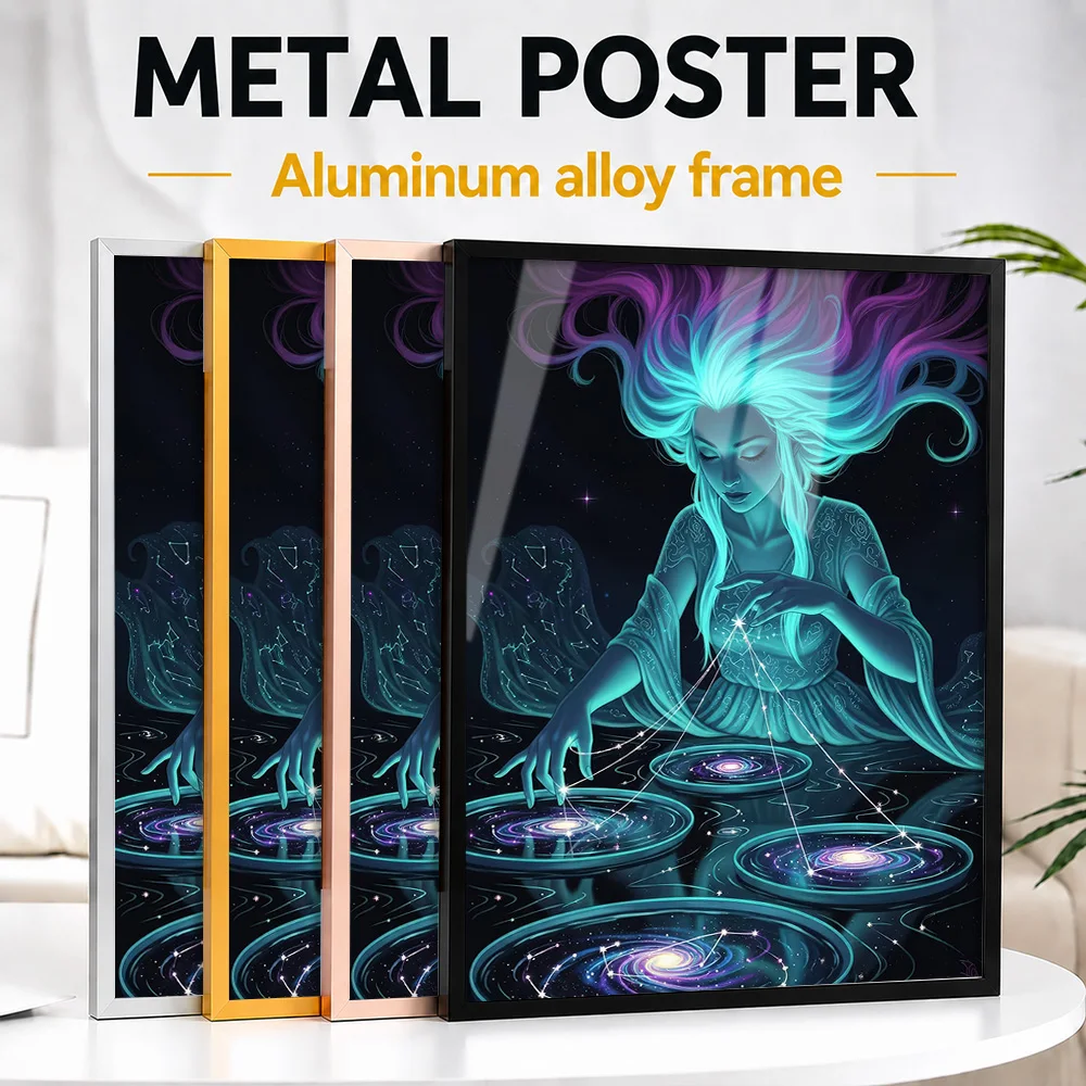 Celestial Weaver: Cosmic Connections Metal Poster With Aluminum Alloy Frame Personalized Orbital Theme Wall Art Ideal For Office