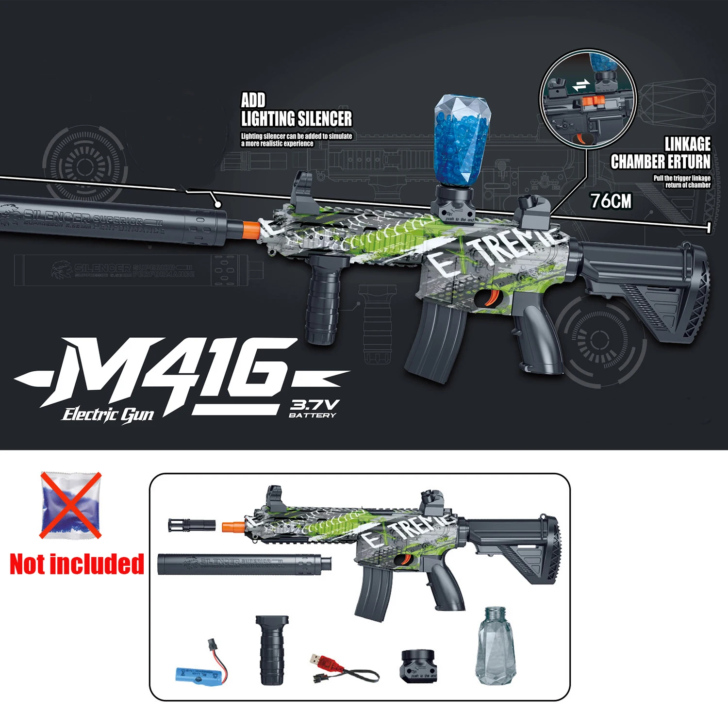 2026年新型M416電動自動玩具銃、スムーズなリローディング、7-8mm、2色展開、3.7VバッテリーとUSB充電ケーブル付き、新年の贈り物