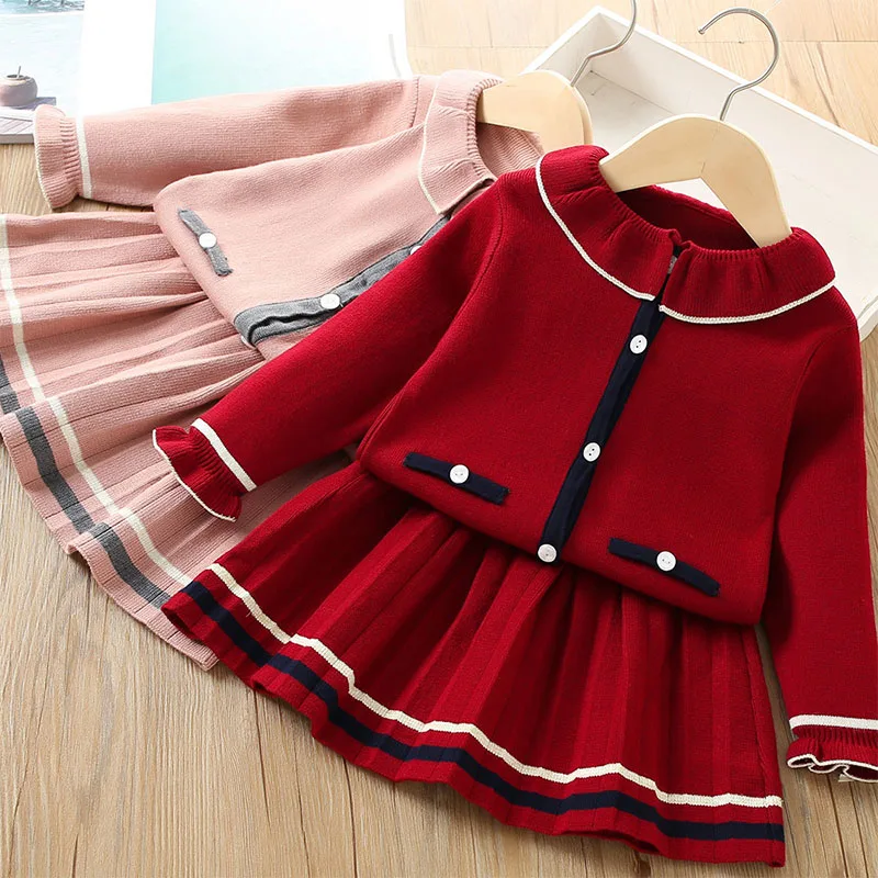 

2023 Korean Style Baby Girls Print Knitted Sweater + Pleated Skirt 2PCS Set Knitted Cardigan Solid Color