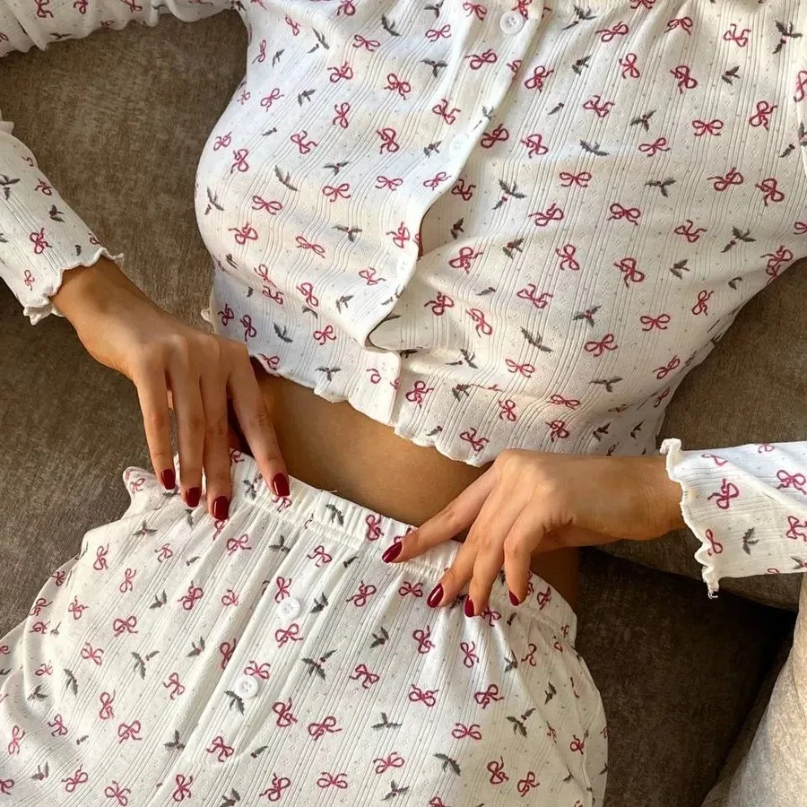 

Sleepwear Women Floral Print Top with Long Pant Lovely Loungewear Full Sleeve Nightwear Spring Autumn Pajamas Set