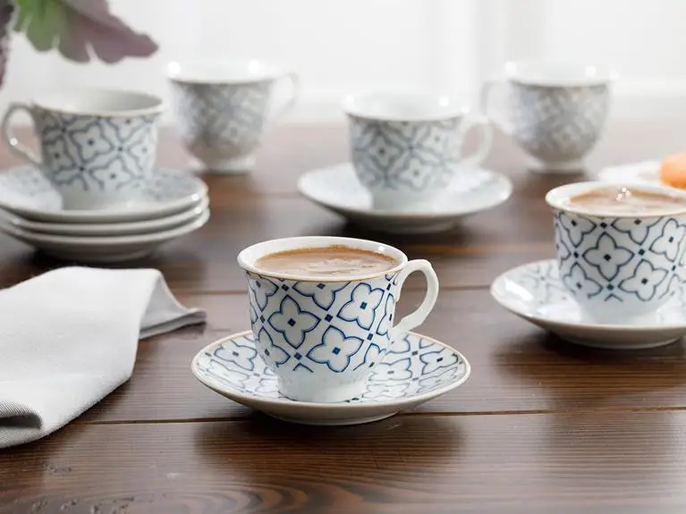 LaModaHome Espresso Coffee Cups with Saucers Belize Porcelain 12 Pieces Coffee Cup 90ml Blue - Broken White Turkish Arabic cup