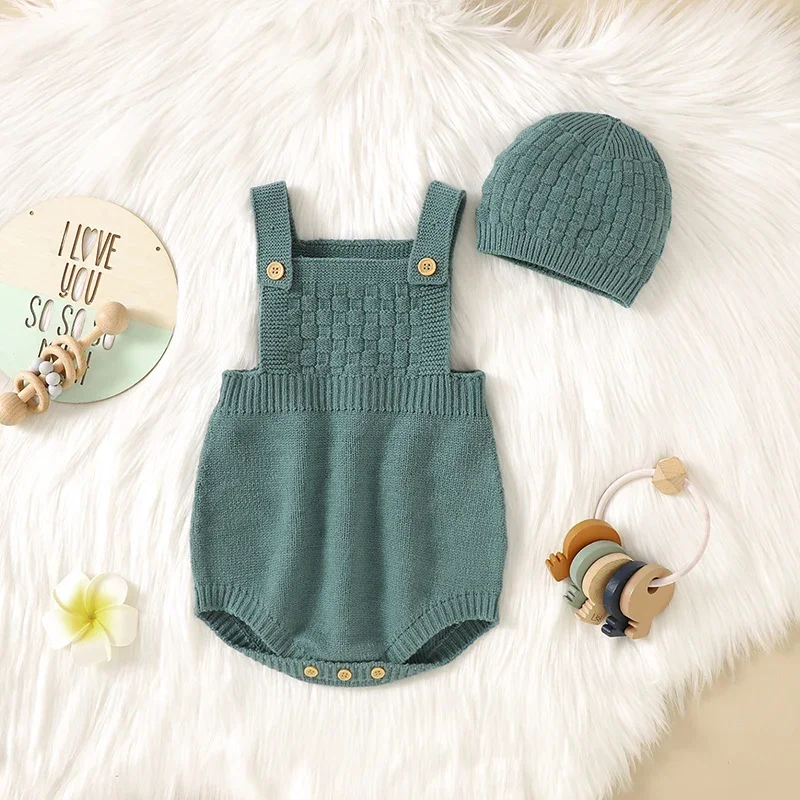 

Newborn Baby Bodysuit Hat 2PC Knit Infant Girls Boys Tops Overalls Fashion Solid Toddler Kid Clothing Sleeveless Jumpsuit 0-18M