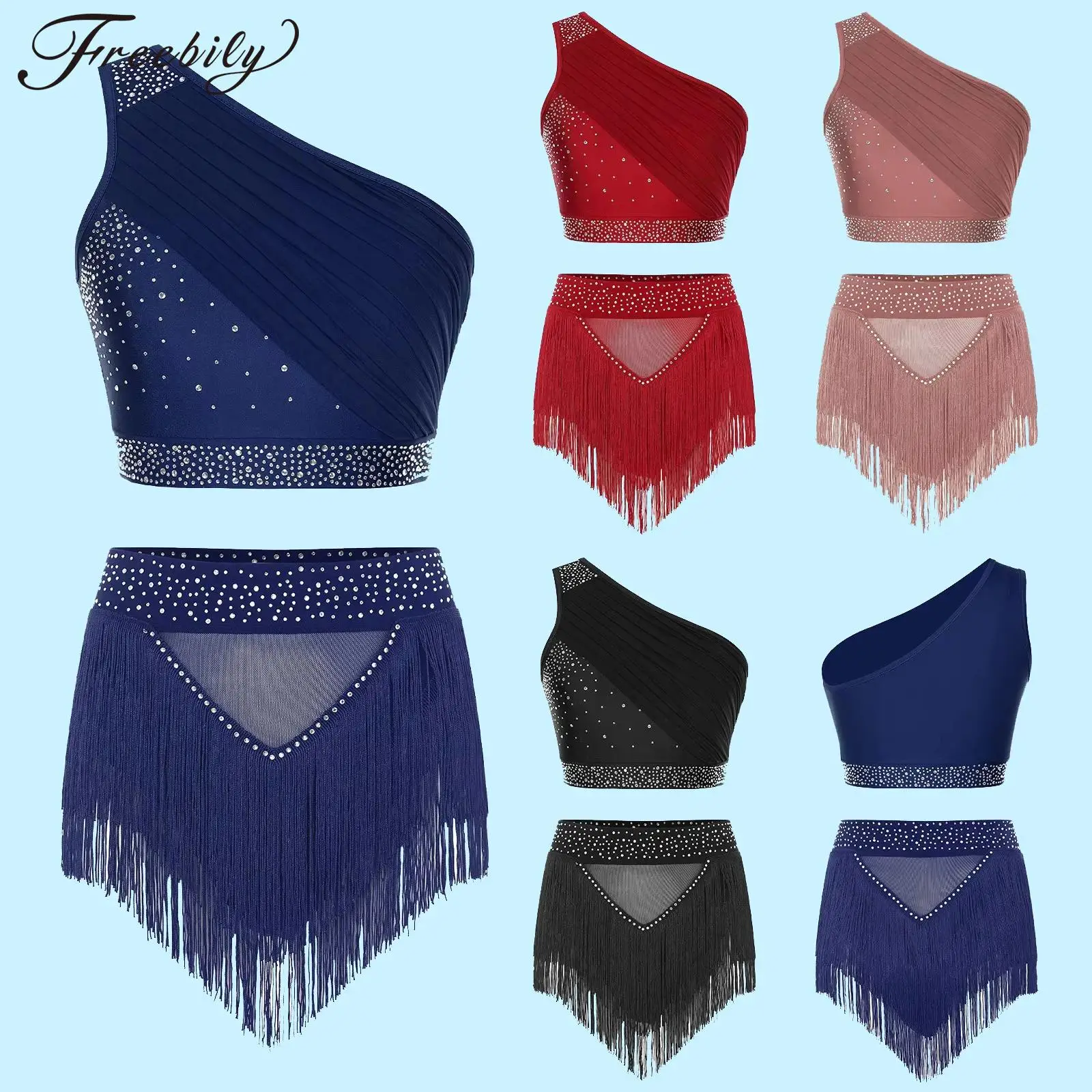 

Women Tassel Latin Dance Outfit Tango Dancewear One Shoulder Crop Top + Tassel Shorts Cha-cha Modern Dancing Ballroom Costume