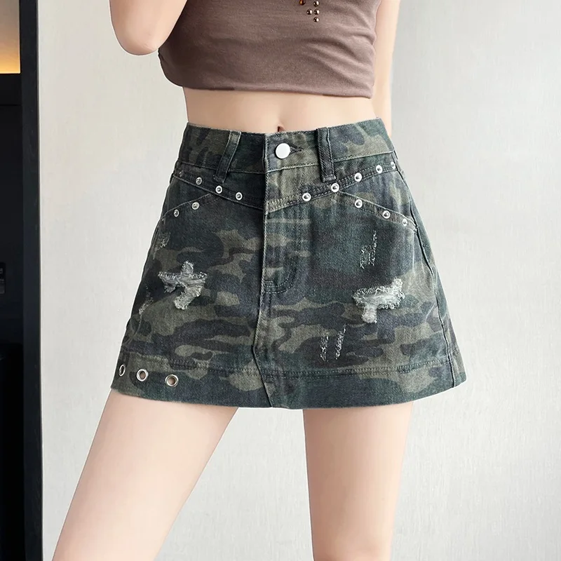 American Style Camouflage Denim Skirts Women's High Street Retro Ripped Hole A-Line Mini Skirt Summer Spicy Girls Fashion Skirts
