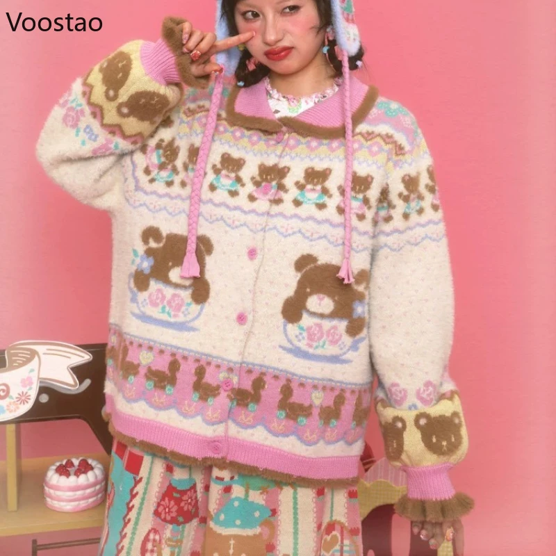 

Japanese Kawaii Lolita Style Knitted Cardigan Women Sweet Cartoon Bear Jacquard Loose Sweaters Coat Spring Autumn Cute Knitwear
