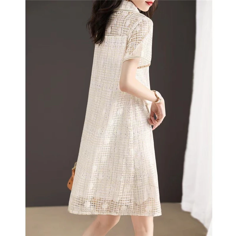 Women French Retro Hollow Lace Polo Collar Elegant Party Dresses 2023 Summer Fashion Beaded Chic Short Sleeve Midi Dress Vestido