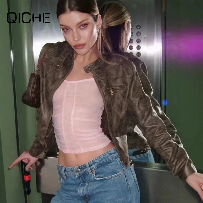 Autumn and WinterQICHE Women 2026 Autumn Winter Hot Girl American Vintage Distressed Coffee Short Jacket Versatile Stand Collar