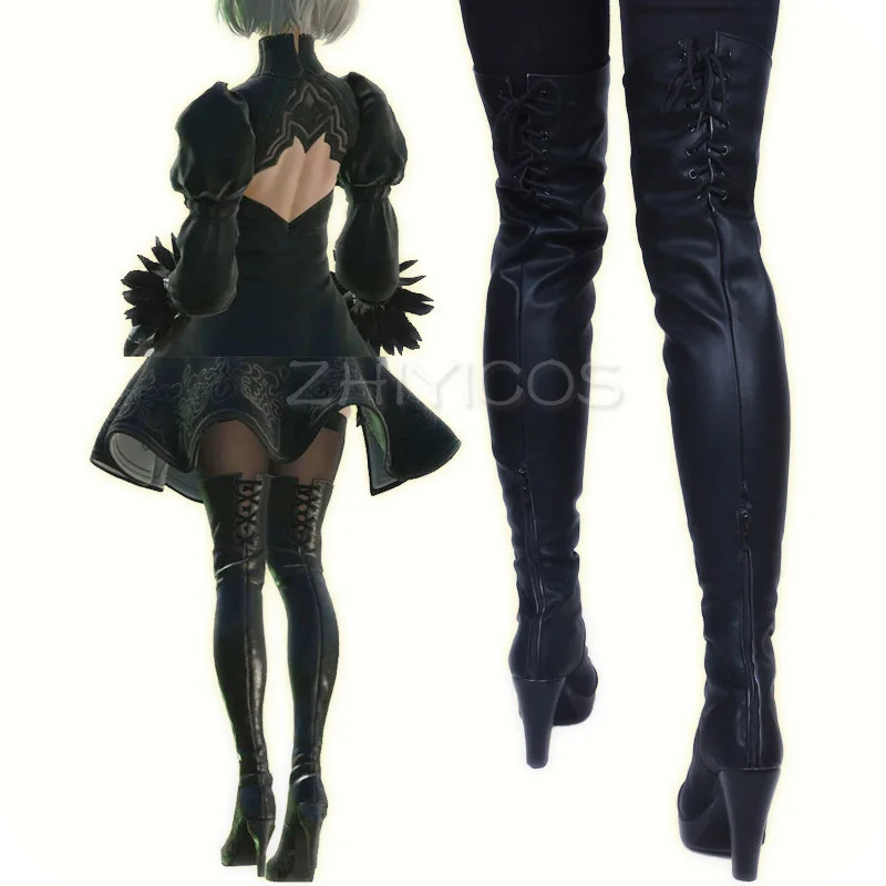 Novo jogo nier automata cosplay sapatos yorha 2b na altura do joelho couro do plutônio botas cosplay preto salto alto rendas tamanho 35-47