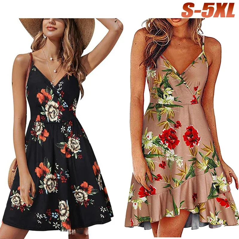 Vestido estampado de verão feminino com suspensórios, sexy decote em v, cintura alta, vestido plissado, boêmio, feriado à beira-mar, vestido de praia