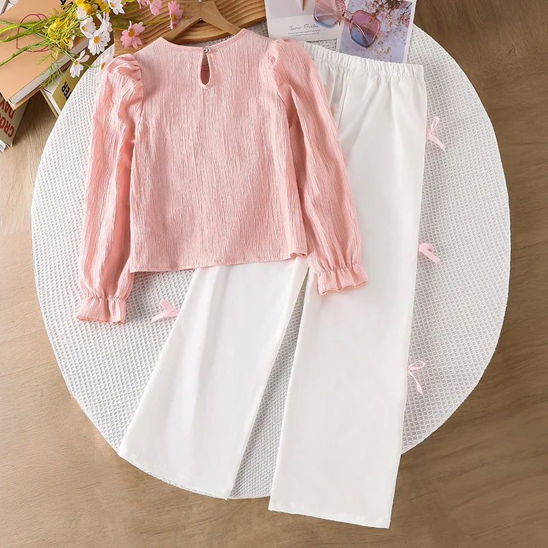 

Розовая одежда для девочек-подростков, комплект весенне-осенней одежды для девочек-подростков, детская рубашка с бантом и штаны, костюм из 2 предметов