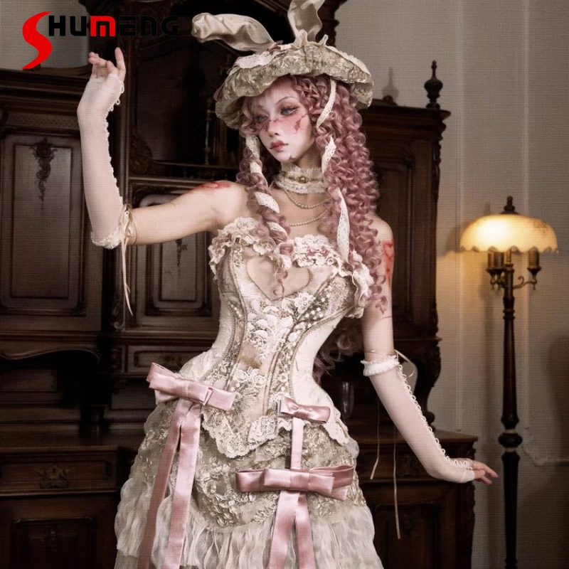 

Original Retro Elegant Heavy Industry Fishbone Corset Summer Women's Slim Fit Cute Bow Lace Love Sleeveless Top Long Skirt Set