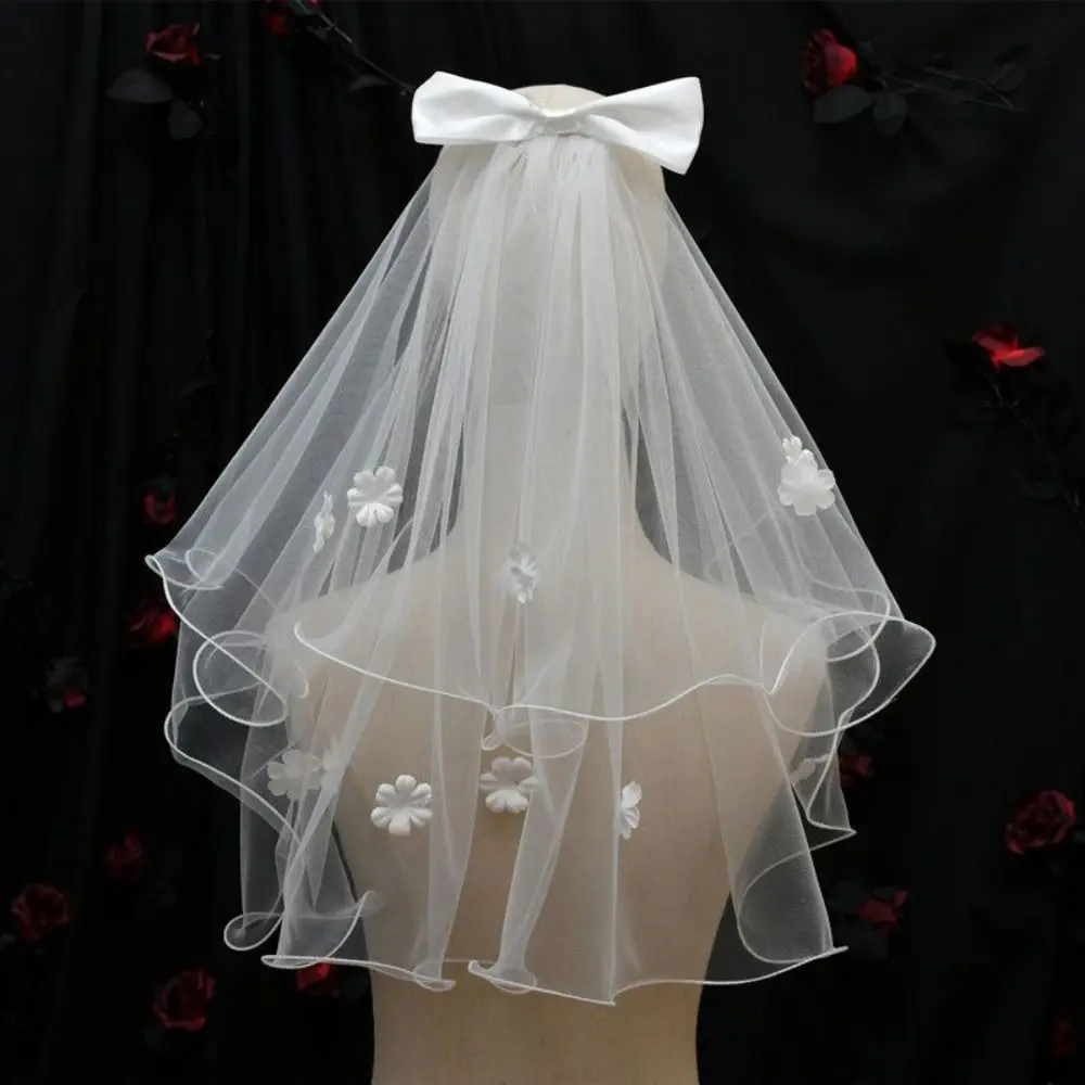 Short Flower Bridal Veil Bow Ribbon Bride Head Gauze Bridal Headdress Pearl Marry Veil Women