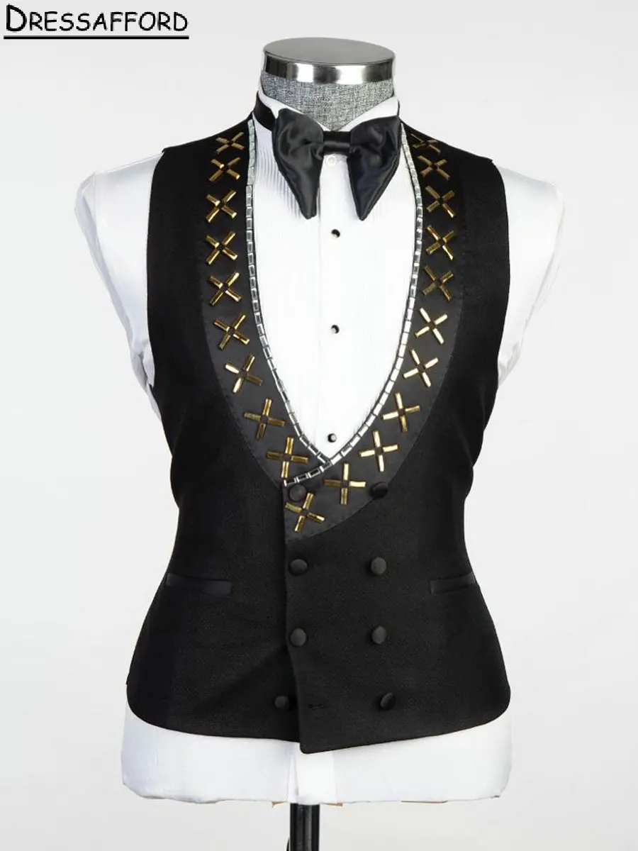 Black Handmade Beading Crystal Evening Party Men Suits Gorgeous Three Pieces Blazer Groom Wear ( Jacket+Vest+Pants )