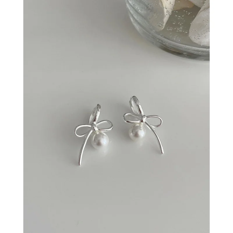 by Weekend South Korea Ornament Overall925Silver insWind Pearl Bow Temperament Wild Earring Ear Clip Women