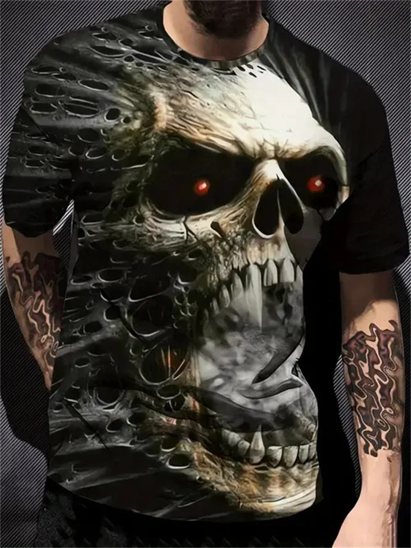 Mens Red Eye Horror Skull Print T Shirt Casual Crew Neck Short Sleeve Gothic Streetwear Tops