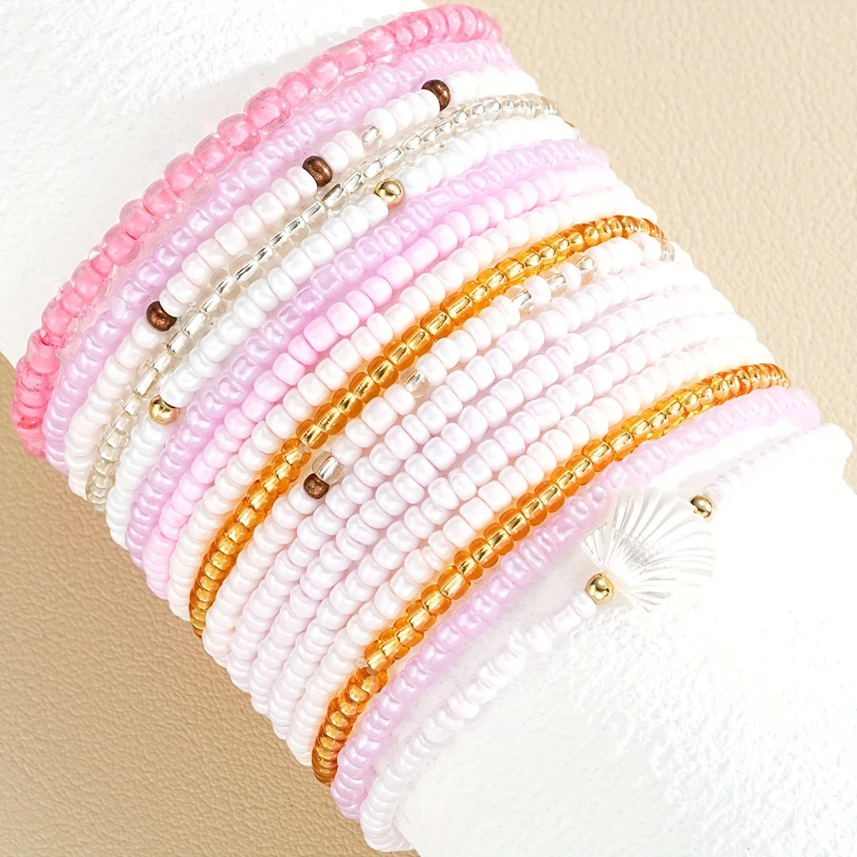17pcs/Set Bohemia Holiday Ocean Bracelet Sets Jewelry Pink Beads Chain Multilayer Bracelets Handmade Jewelry For Women Gift