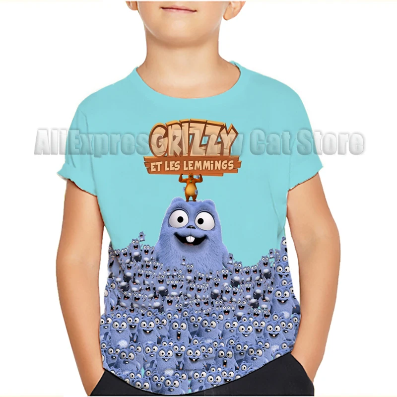 Grizzy and the Lemmings T-shirt Cartoon Boys Clothes Summer Thin Round Collar New Kids Tees Popular Design Children Tops