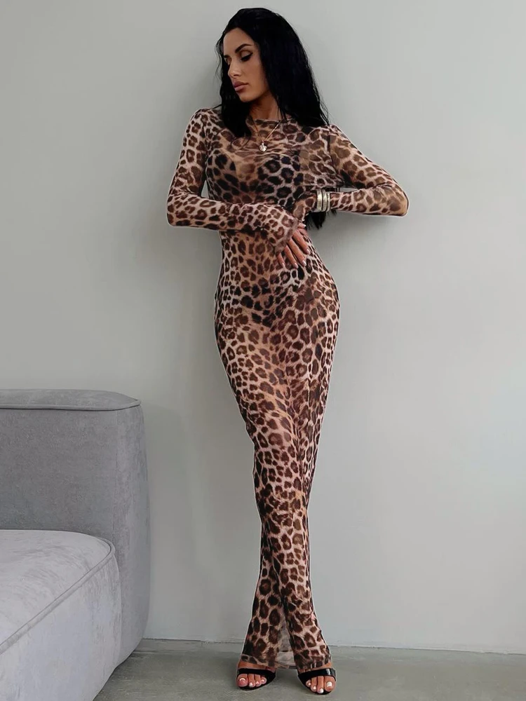 Hugcitar luipaardprint mesh lange mouw sexy slanke doorzichtige maxi-jurk herfst damesmode outfits strandvakantie club