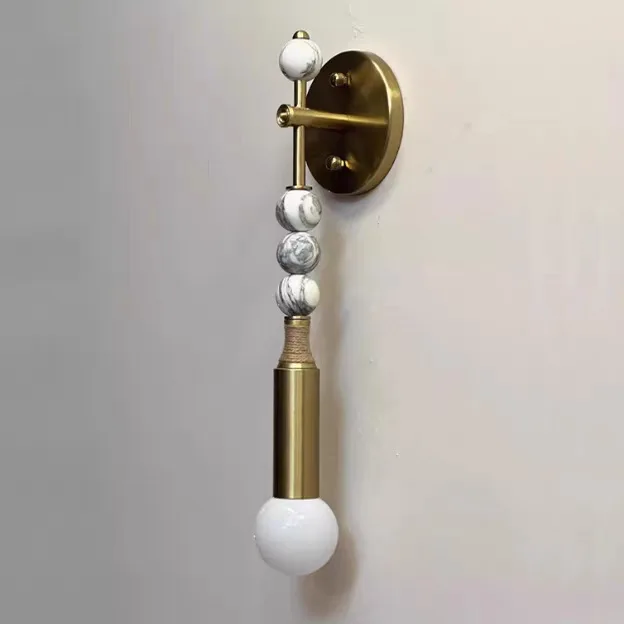 Vintage Brass Wall Sconce Natural Marble Stone Beads Wall Lamp Retro Bedroom Bedside Light Hotel Corridor Decor Wall Light