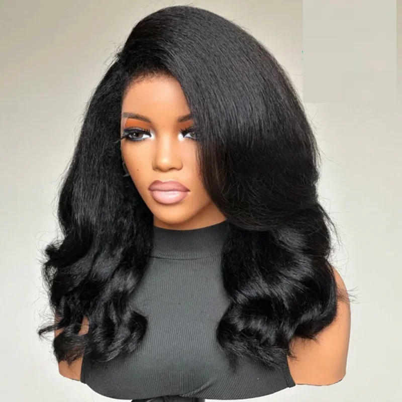 Natuurlijke Zwarte 26Inches Lange 180% Dichtheid Lijmloze Yaki Kinky Rechte Body Wave Kant Voor Pruik Voor Vrouwen BabyHair PrepluckedDaily