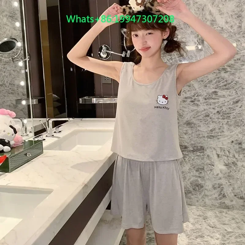 

Summer new gray cartoon Hello Kitty pure cotton pajamas with chest pads loungewear two-piece set