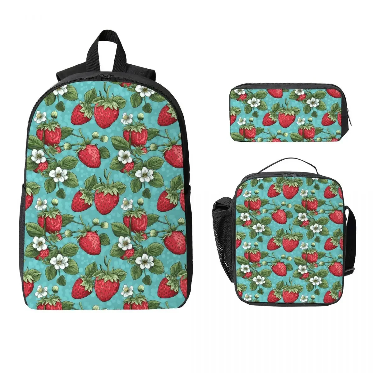 Beautiful Highly Stylized Strawberry With Flowers Backpack BookBag School Bag Shoulder Bags 3ps Insulated Lunch Bag Pencil Case