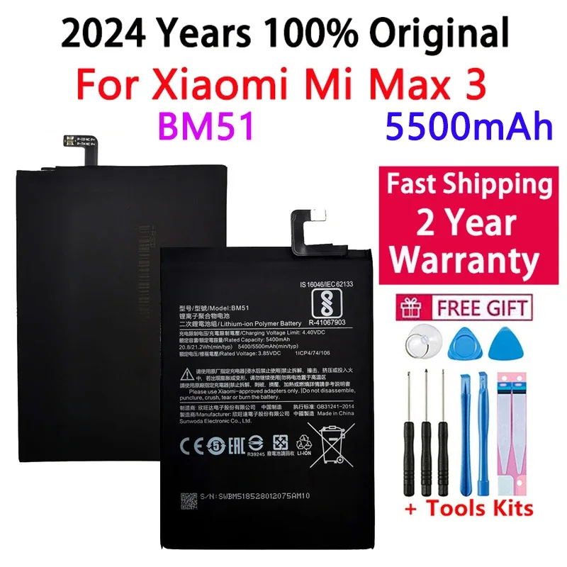 

2024 Years 100% Original High Quality Phone Replacement Battery For Xiaomi Mi Max3 Max 3 BM51 Batteries 5500mAh+Fast Shipping