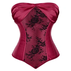 Victorian Corset Top Plus Size Women Bustier Overbust Sexy Floral Lace Up Vintage Satin Lingerie Gothic Costumes Black Red White