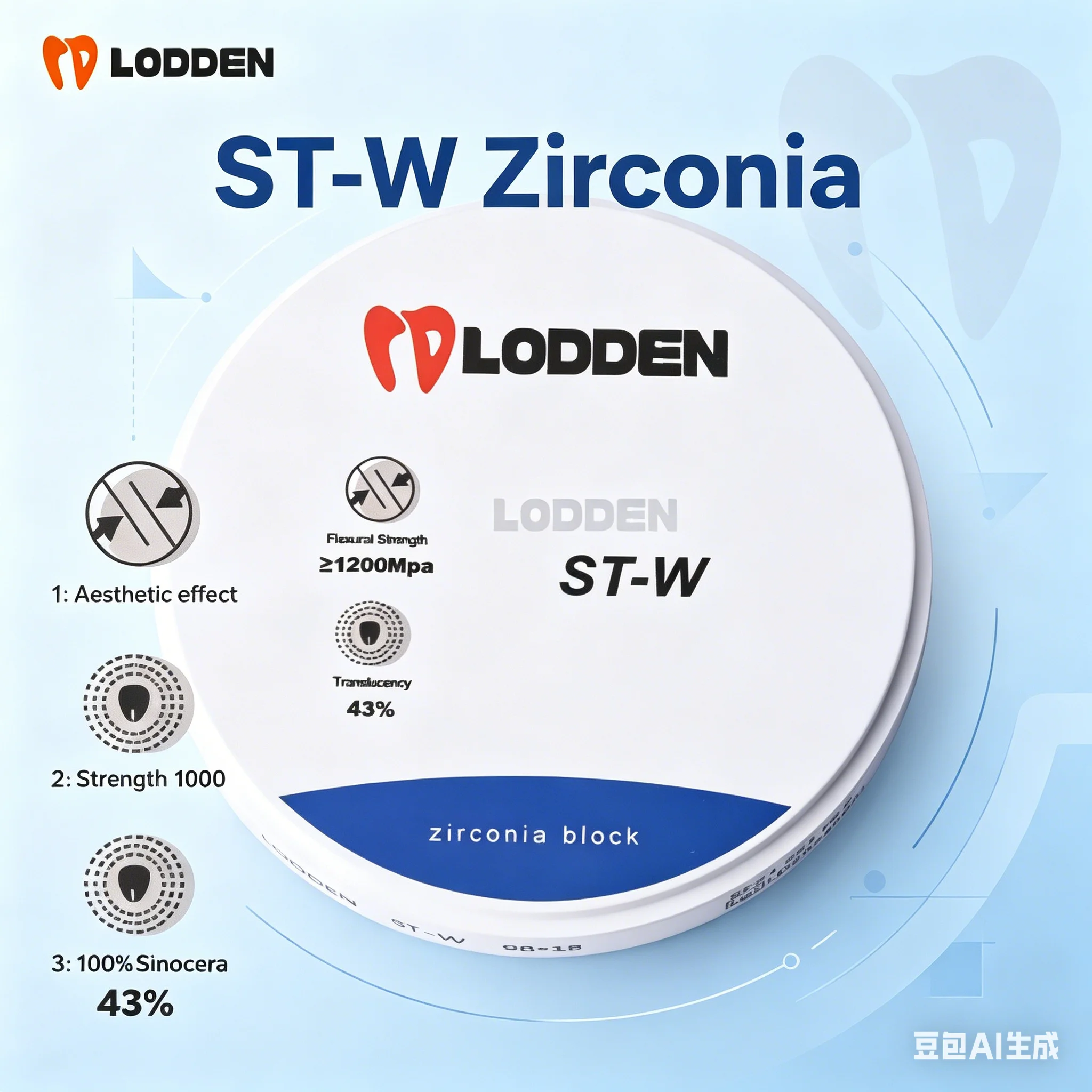 

LODDEN ST-W White Zirconia Blocks 98mm Open System CAD CAM Dental Milling Blank For Dentures Dental Lab Materials