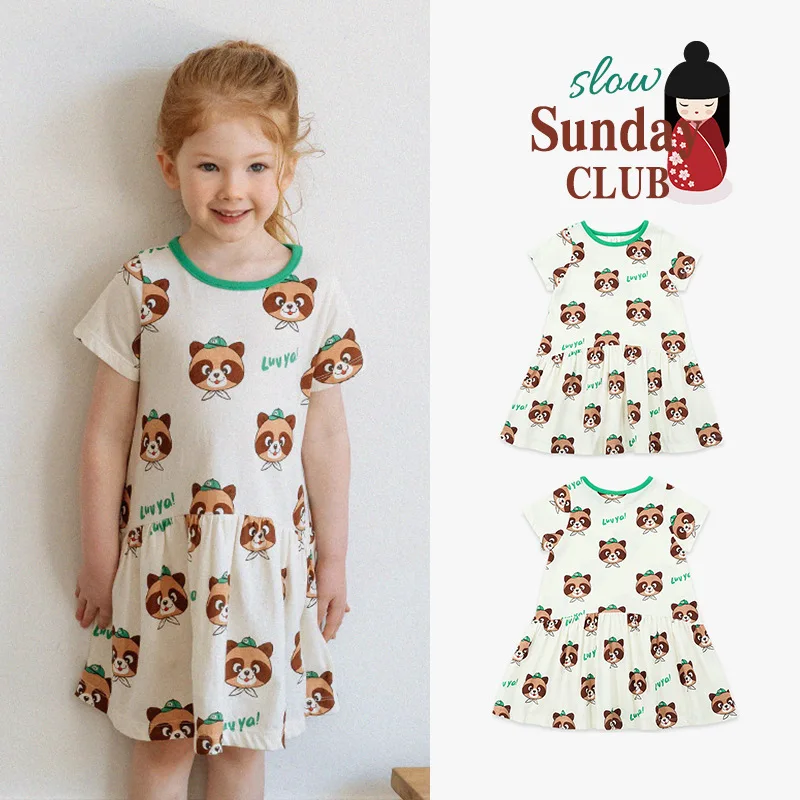 

Jenny&Dave Spot 23 Summer New Girls' Fashionable Princess Dress in Chinese Children's Cartoon Little Bear Letter Full Print Casu