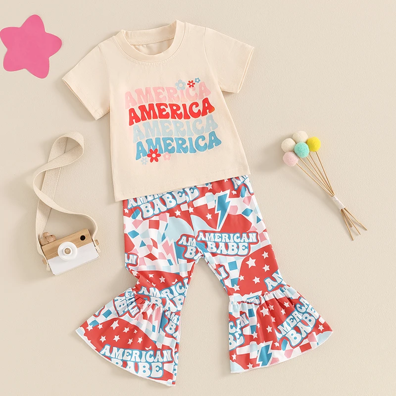 

4th of July Toddler Girls Outfits Letter Print Crew Neck Short Sleeve T-Shirts Stripe Stars Print Flare Pants 2Pcs Clothes Set