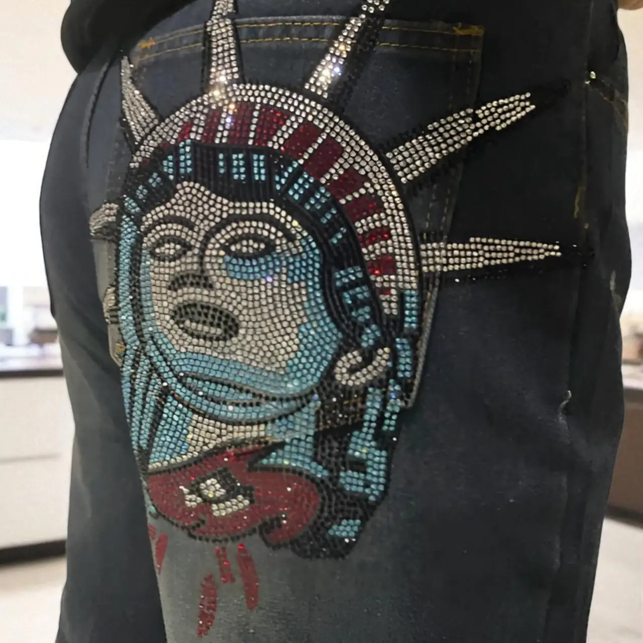 American Retro Statue of liberty Diamonds Denim Pants Casual High Waist Straight Wide Leg Jeans Harajuku Y2k Women Clothing