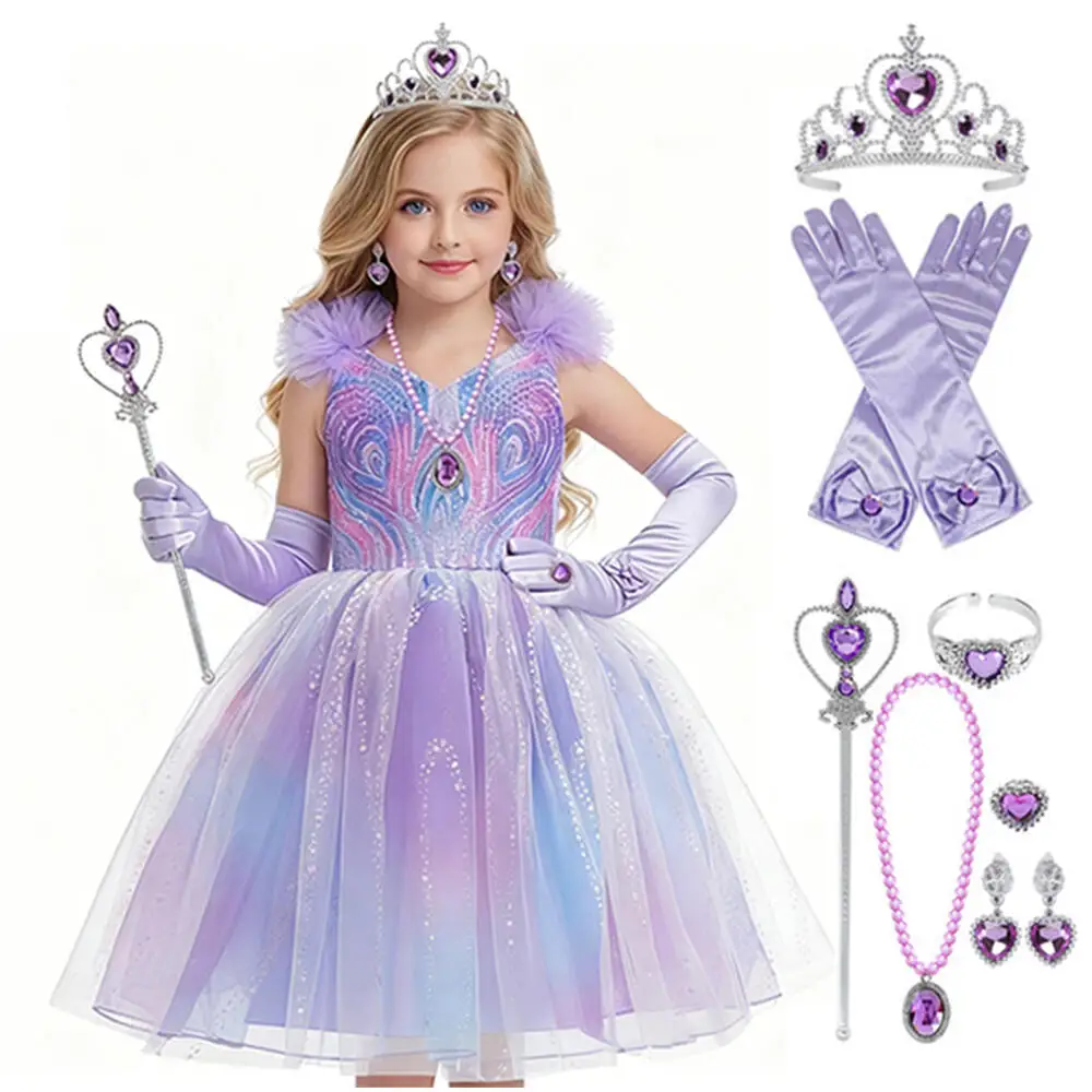 

Glinda Costume Dress Good Witch Cosplay Outfit Lace Puffy Dress Girls Princess Dresses Crown Gloves Necklace Birthday Party Gift