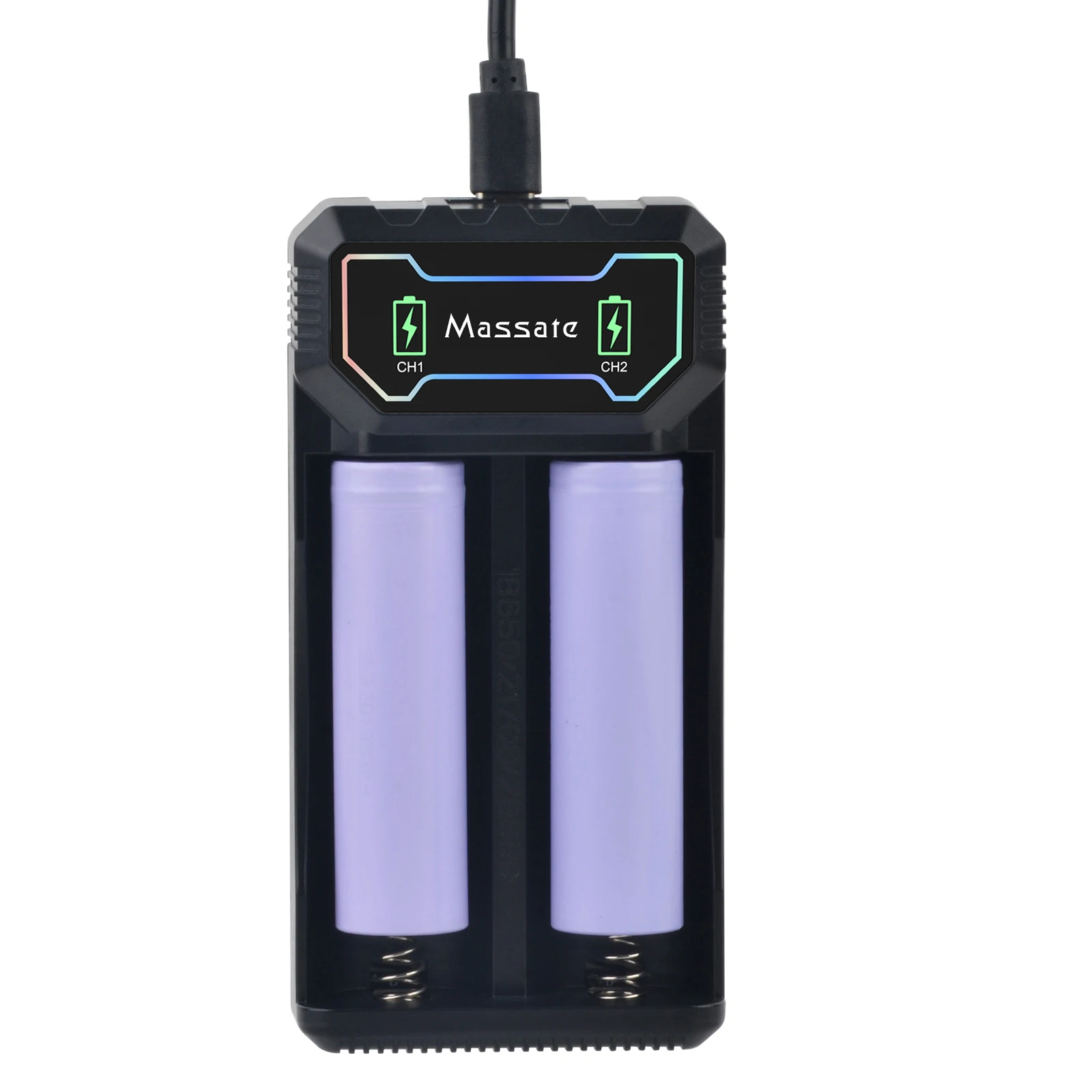 

Massate 18650 Battery Charger 2 Slots Fast Dual Charger for 18650 21700 26650 4.2V Lithium Rechargeable Battery Charging Device