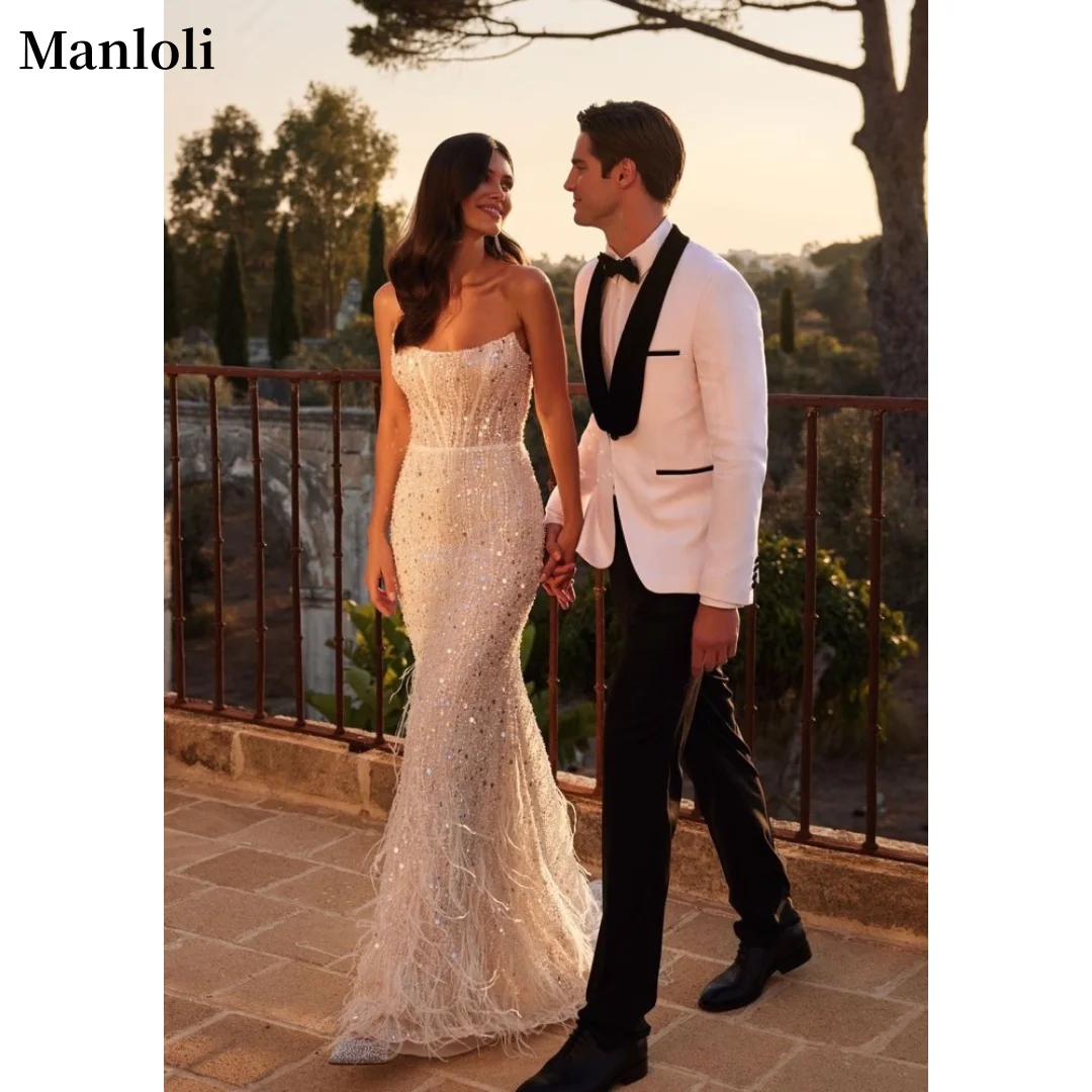 

Elegant Sparkling Feather Mermaid Wedding Dress Sexy Strapless Shining Bridal Dress Fluffy Feathers Custom Bridal Dress