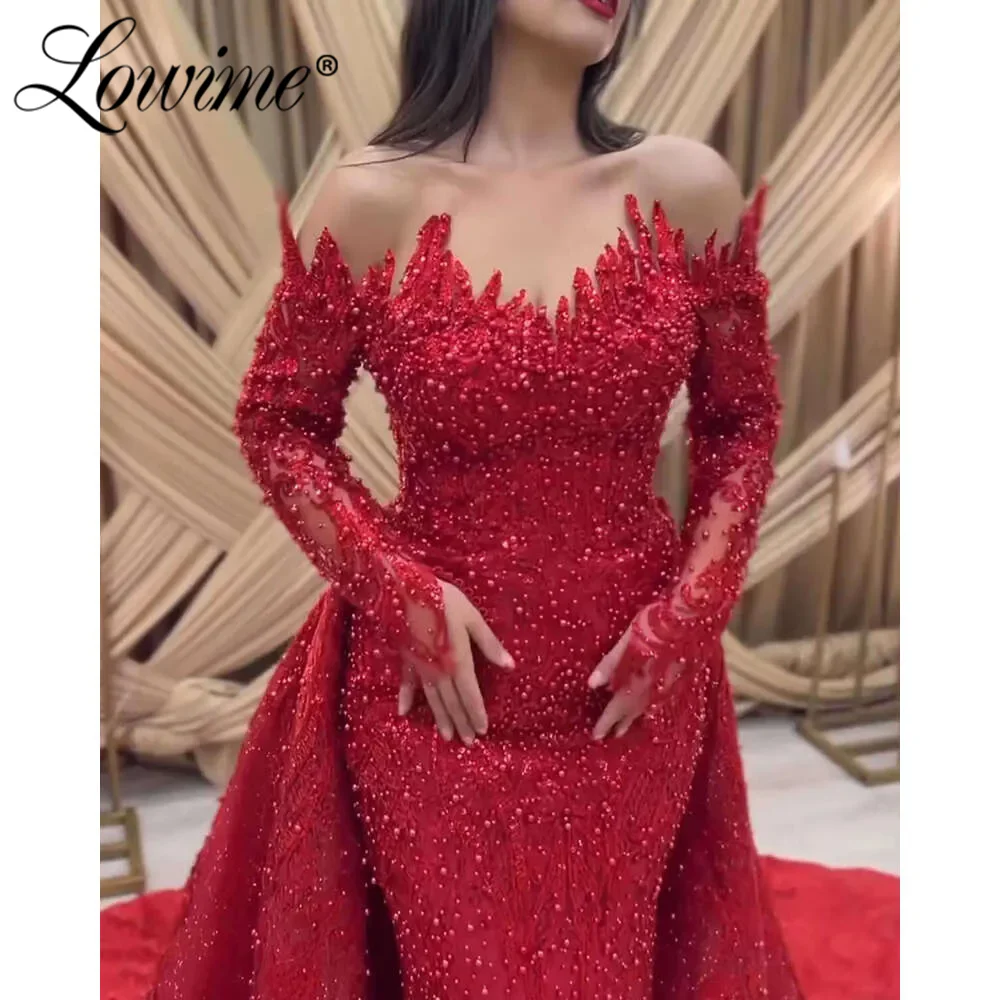Elegante vermelho fora do ombro árabe vestidos de festa de casamento personalizado miçangas sereia vestido de baile com trem destacável vestidos de noite
