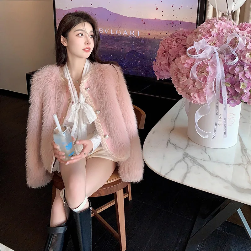 Faux Fox Fur Coats Women Short Fur Jacket Tassel Round Neck Long Sleeve Single Breasted Thick Warm Fur Casual 2025 Autumn Winter