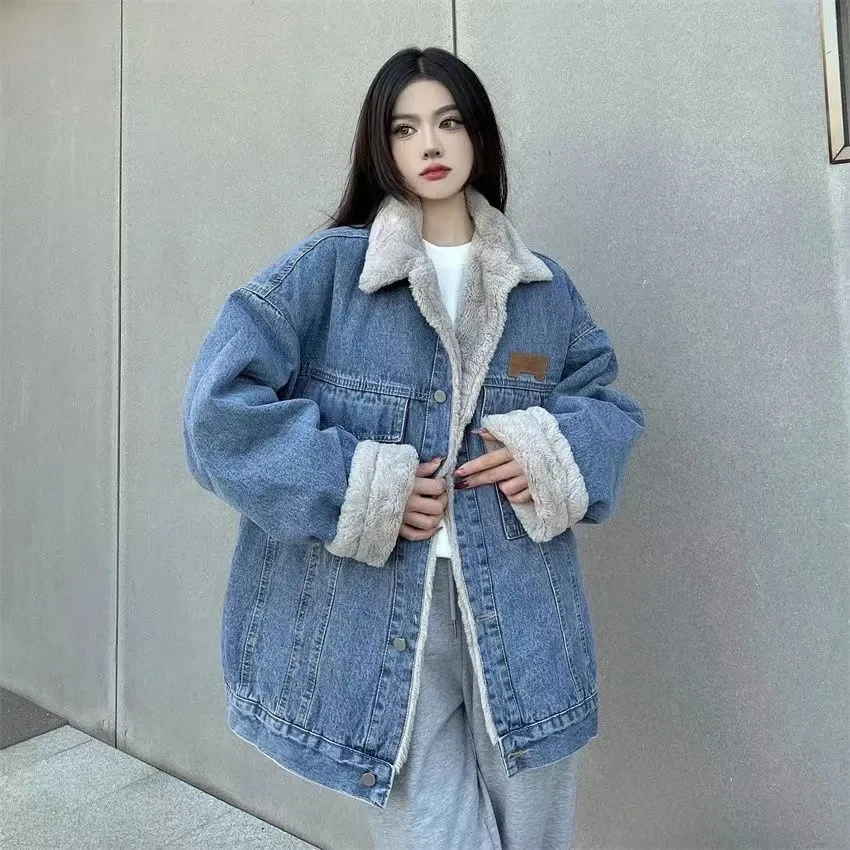 Women Denim Winter Coat Casual Loose Thicken Loose Denim Jackets Add Velvet Warm Padded Cotton Parkas Jacket Female W1074